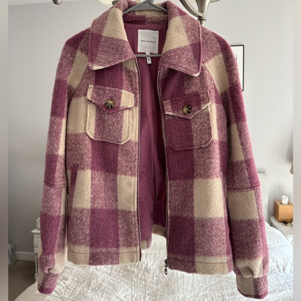 SOLD - Avec Les Filles NWOT Purple Check Zip Flannel Jacket